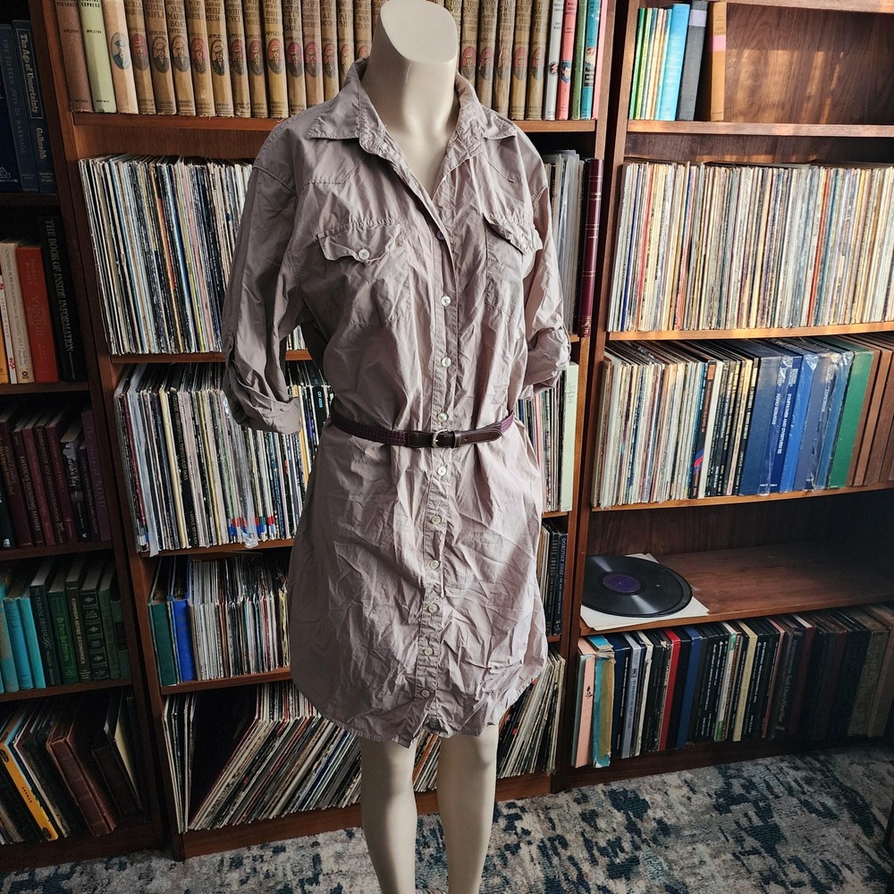 0039 Italy Womens Beige Cotton Shirt Dress Knee Length Roll Tab Sleeve Size M